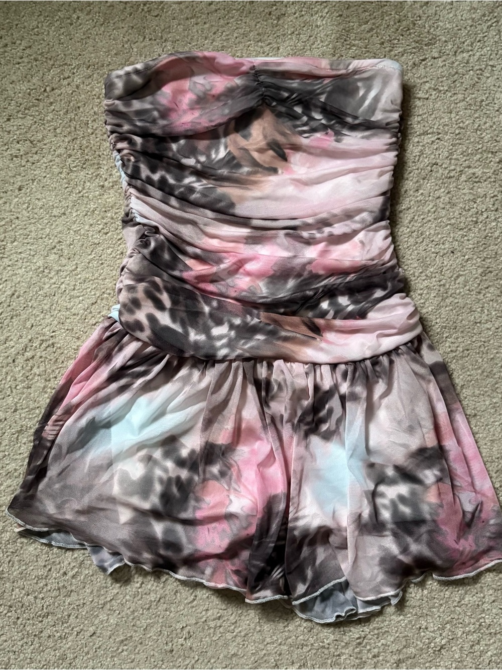 True & Co. Strapless Watercolor Print Dress in Pink, Gray & Brown